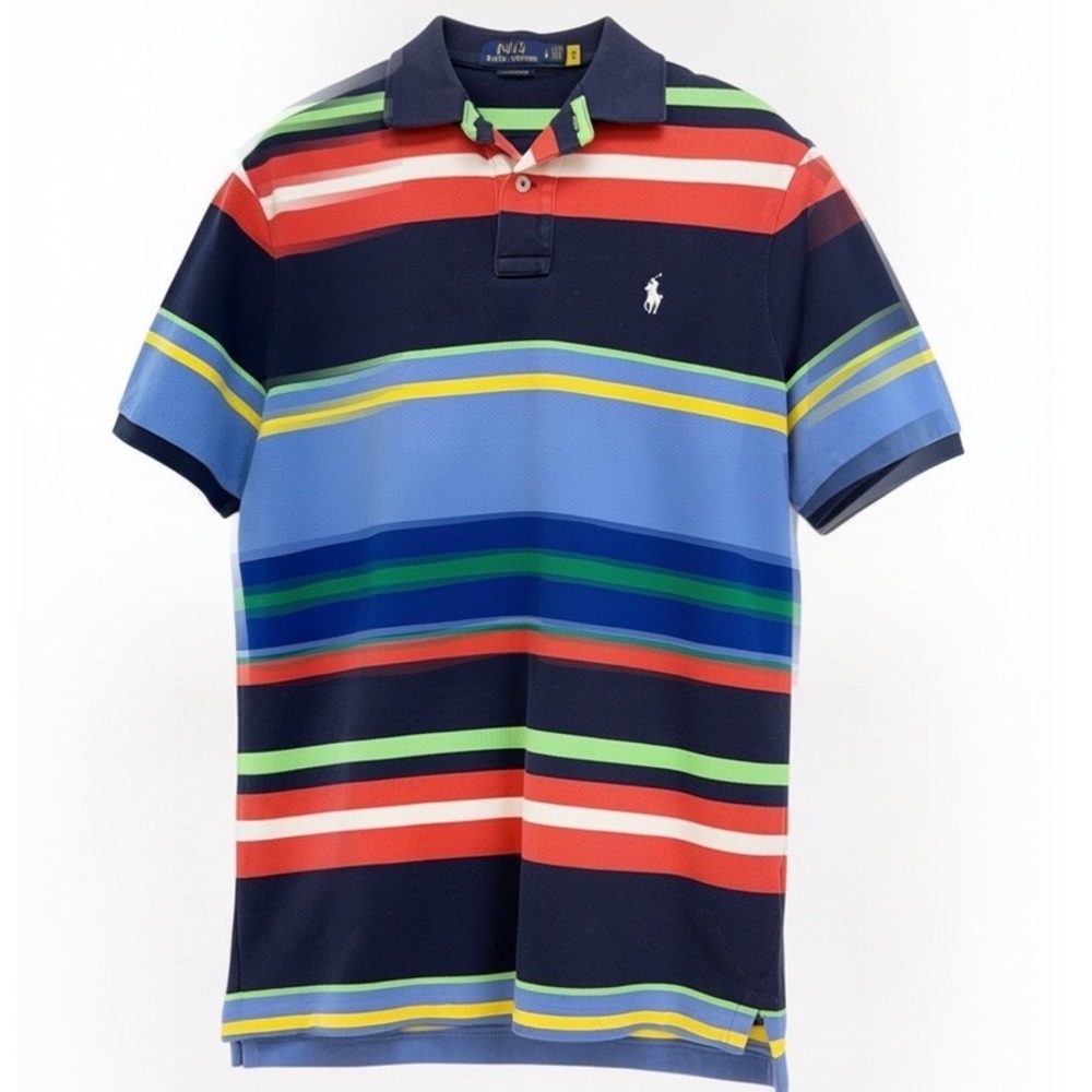 Polo Ralph Lauren Mens Large Classic Fit Multi Color Striped Polo Shirt (A49)